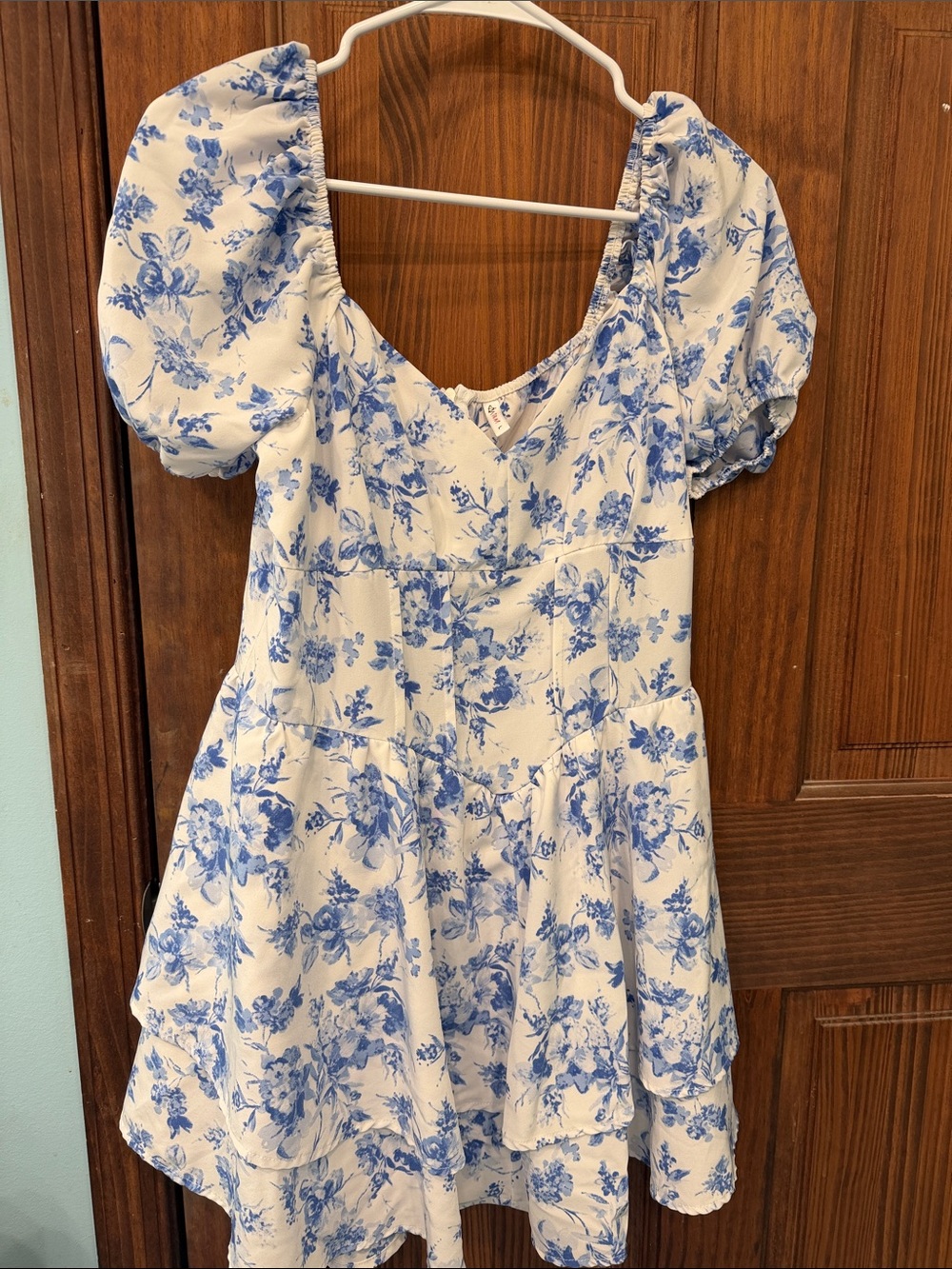 Blue Floral Puff-Sleeve Midi Dress